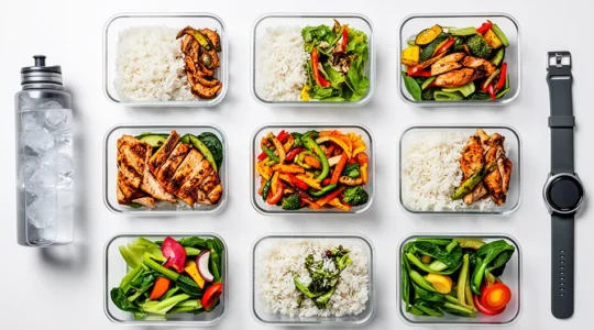 Vue aérienne d'un bureau avec planification nutritionnelle et équipements sportifs