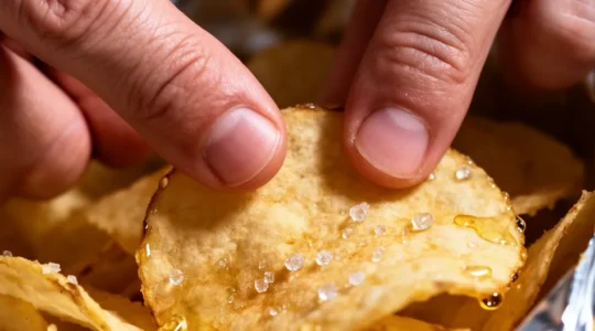 Gros plan sur un paquet de chips ouvert avec des doigts tendus vers les chips croustillantes