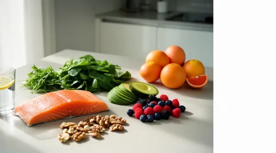 Table élégante avec aliments colorés riches en nutriments pour la beauté de la peau et des cheveux