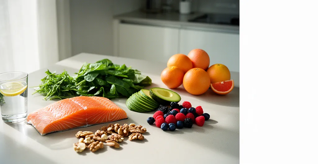 Table élégante avec aliments colorés riches en nutriments pour la beauté de la peau et des cheveux