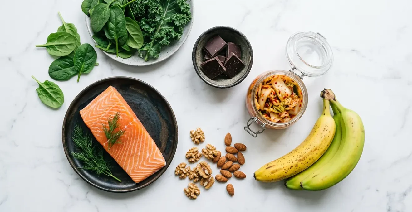 Composition harmonieuse d'aliments anti-anxiété et anti-déprime incluant saumon, chocolat noir, bananes, légumes verts et noix