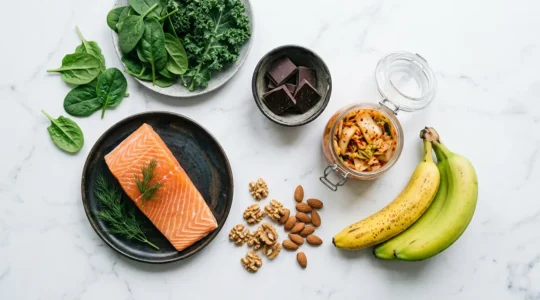 Composition harmonieuse d'aliments anti-anxiété et anti-déprime incluant saumon, chocolat noir, bananes, légumes verts et noix