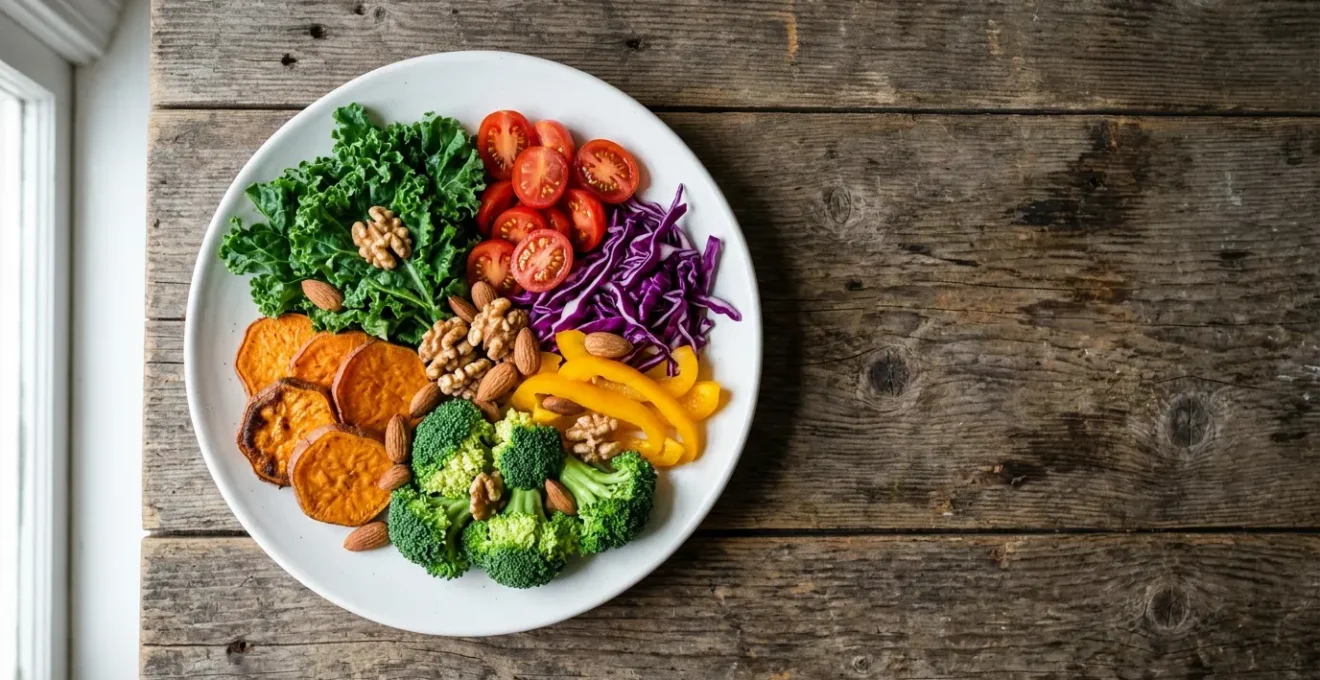 Assiette vue de dessus remplie d'aliments riches en vitamines et minéraux avec légumes colorés, fruits et noix