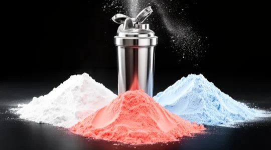 Comparaison visuelle d'ingrédients de pré-workout avec poudres colorées et shaker