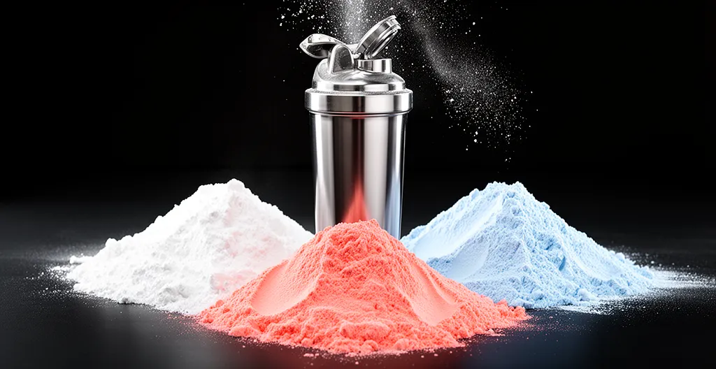 Comparaison visuelle d'ingrédients de pré-workout avec poudres colorées et shaker
