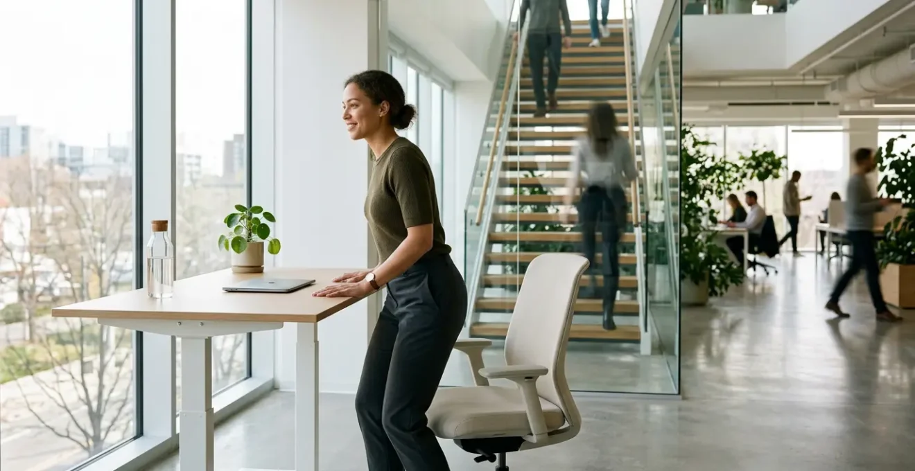 Personne active au bureau alternant entre position debout et assise avec accessoires ergonomiques