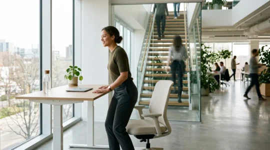 Personne active au bureau alternant entre position debout et assise avec accessoires ergonomiques