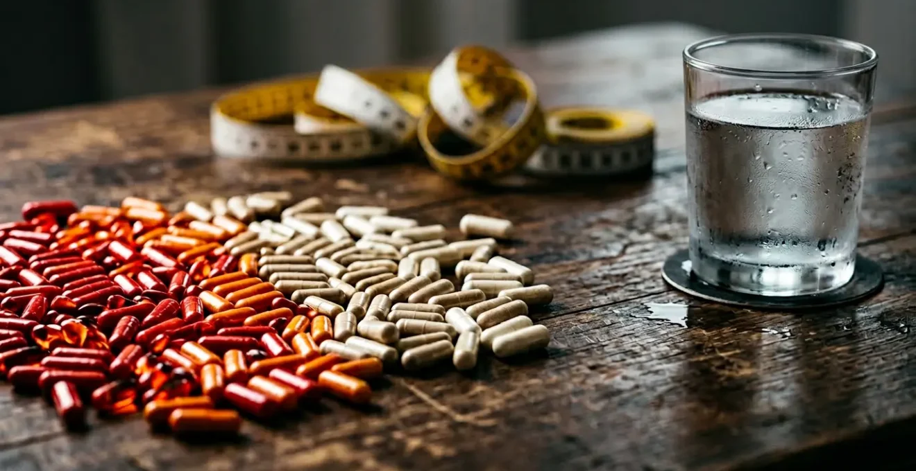 Composition mettant en scène des gélules et une balance avec un mètre ruban