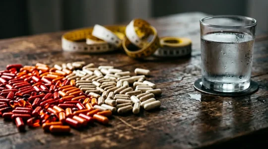 Composition mettant en scène des gélules et une balance avec un mètre ruban