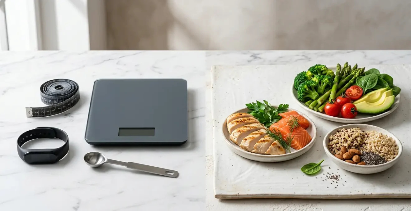 Personne calculant sa dépense énergétique avec une balance, des aliments et des équipements de sport