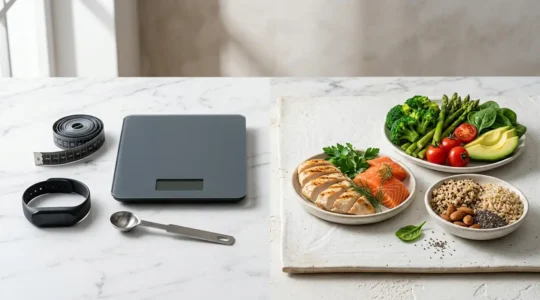 Personne calculant sa dépense énergétique avec une balance, des aliments et des équipements de sport