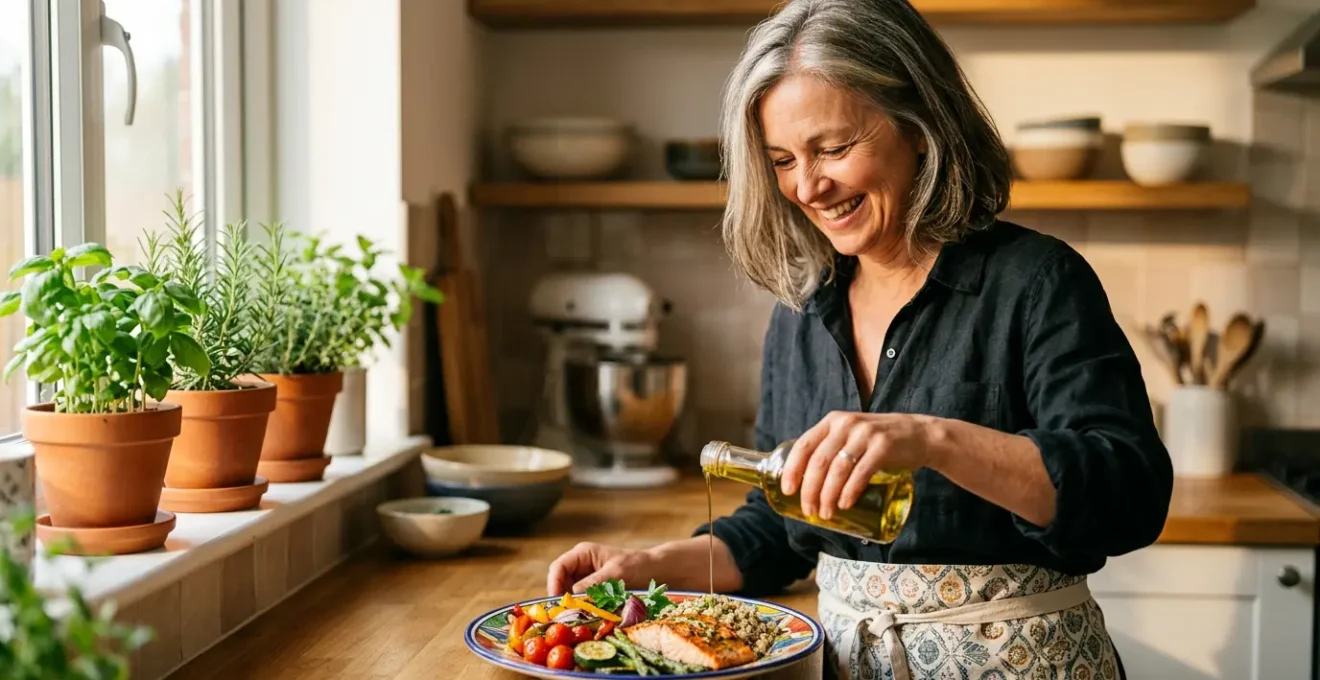 Femme de 50 ans souriante préparant un repas équilibré avec des légumes colorés et du saumon dans une cuisine lumineuse