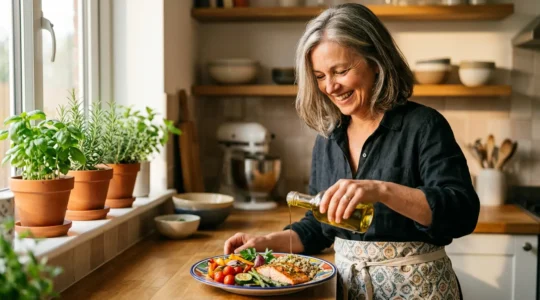 Femme de 50 ans souriante préparant un repas équilibré avec des légumes colorés et du saumon dans une cuisine lumineuse