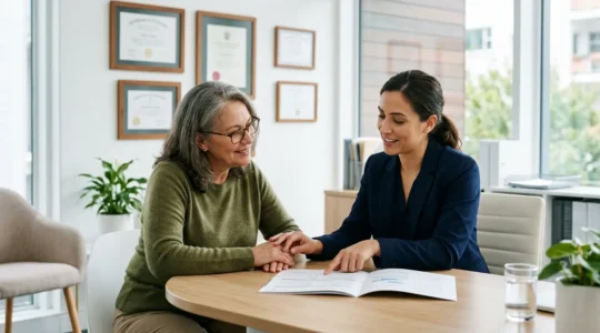 Coach en nutrition consultant des documents officiels avec un client dans un cadre professionnel