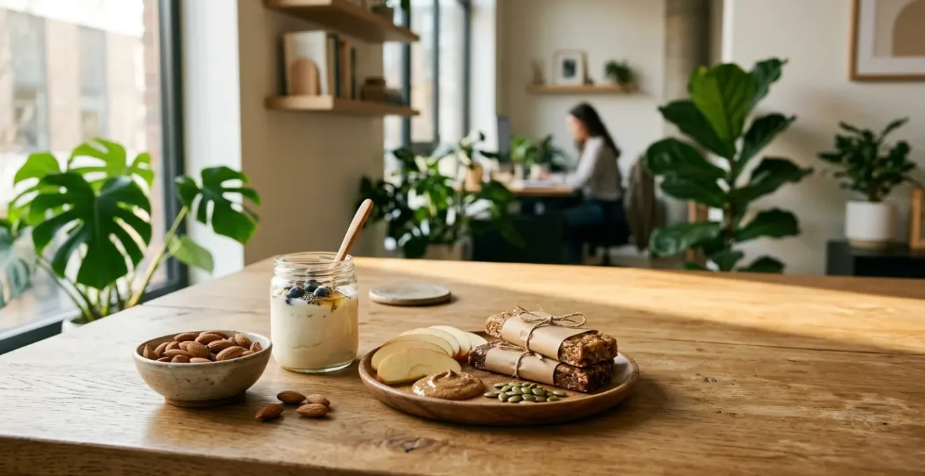 Scène de bureau moderne avec des collations protéinées saines disposées élégamment sur un bureau en bois