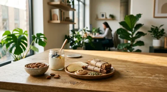 Scène de bureau moderne avec des collations protéinées saines disposées élégamment sur un bureau en bois