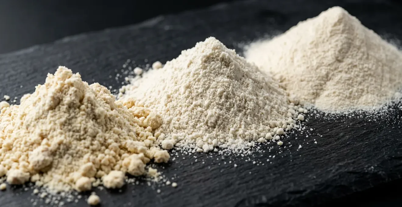 Comparaison visuelle de trois types de poudres de whey - concentré, isolat et hydrolysé - dans un environnement de laboratoire sportif