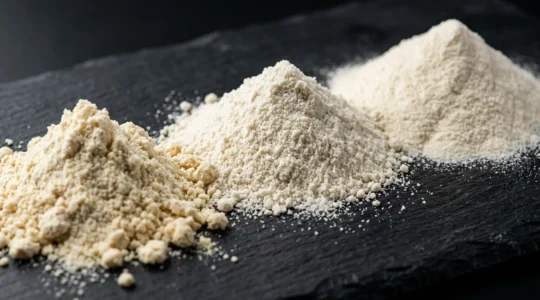 Comparaison visuelle de trois types de poudres de whey - concentré, isolat et hydrolysé - dans un environnement de laboratoire sportif