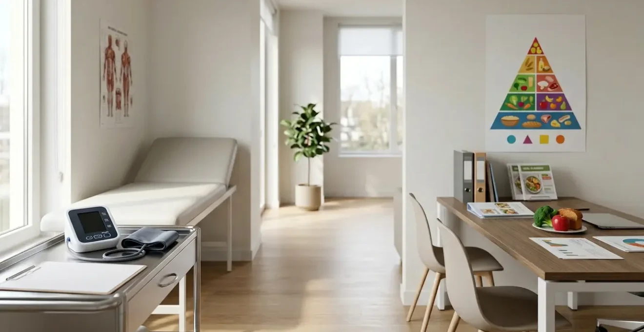 Bureau médical moderne avec deux professionnels de santé et documentation nutritionnelle