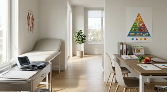 Bureau médical moderne avec deux professionnels de santé et documentation nutritionnelle