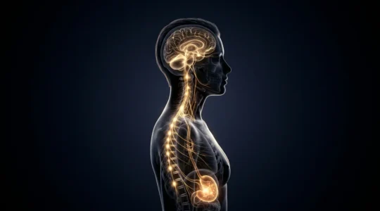 Silhouette humaine translucide avec système nerveux lumineux et signaux corporels visibles
