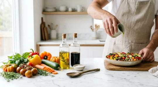 Cuisine gastronomique légère avec des plats colorés et des ingrédients frais sans matières grasses visibles