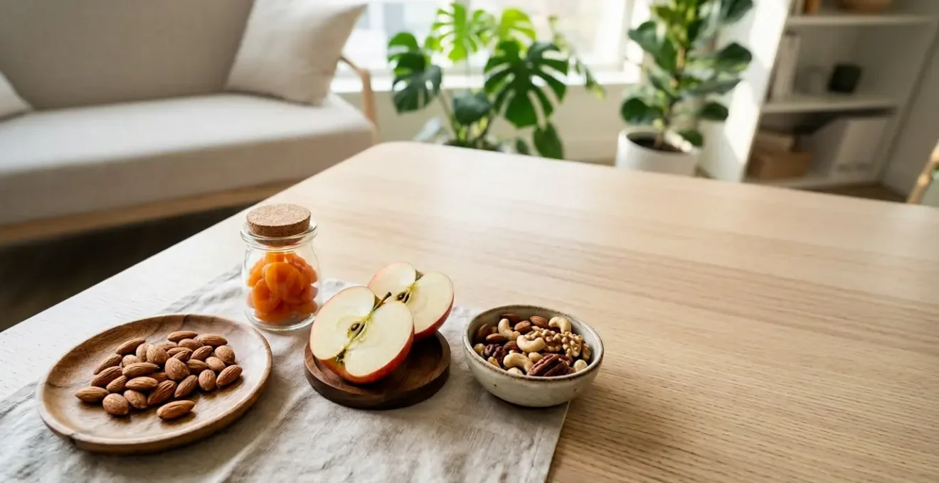 Composition élégante d'en-cas sains disposés sur un bureau moderne avec lumière naturelle