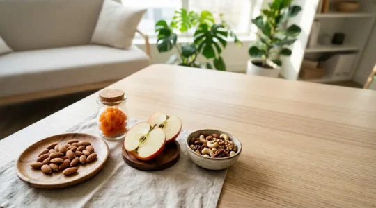 Composition élégante d'en-cas sains disposés sur un bureau moderne avec lumière naturelle