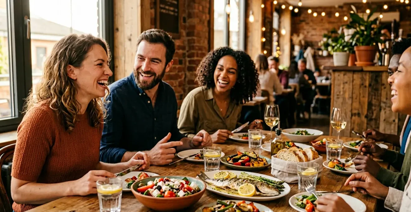 Scène chaleureuse de repas partagé dans un restaurant mettant en avant l'équilibre entre santé et plaisir social