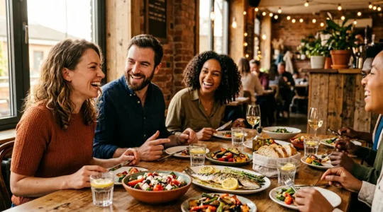 Scène chaleureuse de repas partagé dans un restaurant mettant en avant l'équilibre entre santé et plaisir social