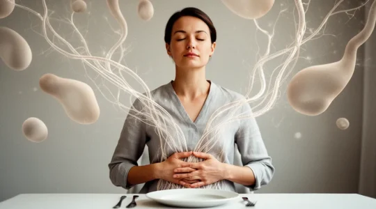 Vue artistique de la connexion entre l'estomac, les nerfs et le cerveau illustrant les signaux de satiété