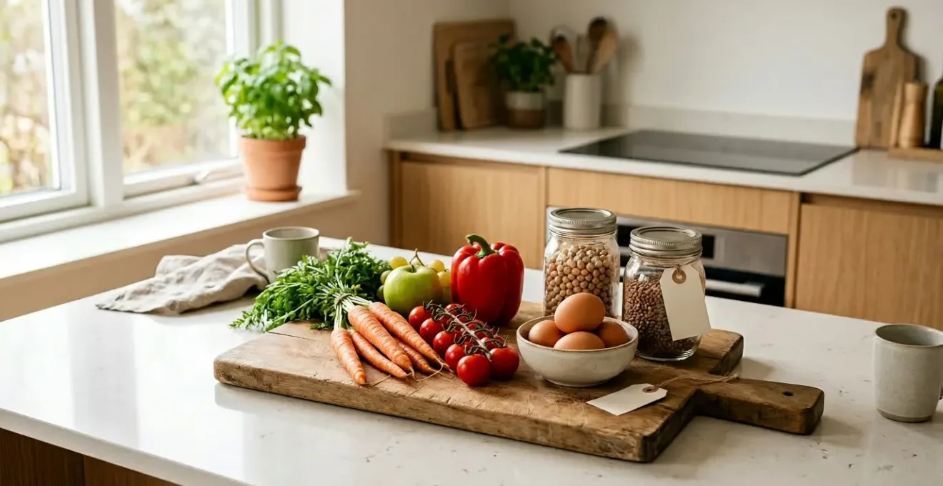 Étudiant préparant un repas équilibré dans sa cuisine avec des ingrédients frais et économiques