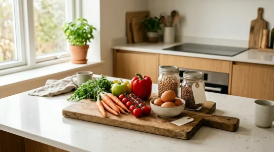Étudiant préparant un repas équilibré dans sa cuisine avec des ingrédients frais et économiques