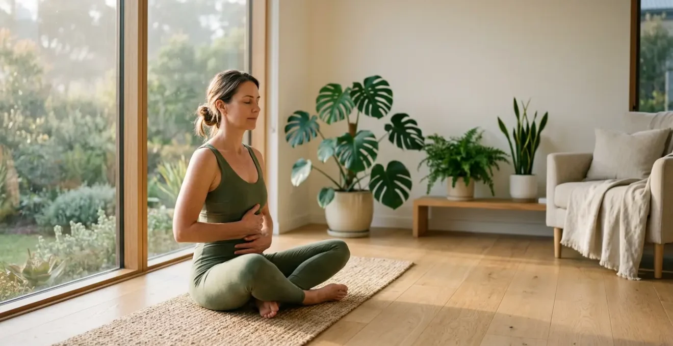 Femme de 40 ans pratiquant la respiration profonde dans un environnement apaisant