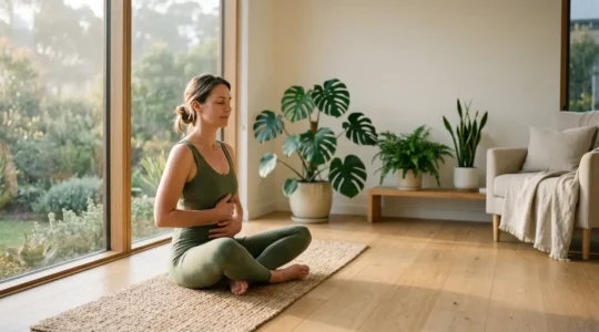 Femme de 40 ans pratiquant la respiration profonde dans un environnement apaisant