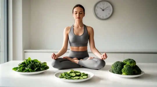 Personne en méditation zen face à des légumes verts et une horloge symbolisant le contrôle de l'appétit