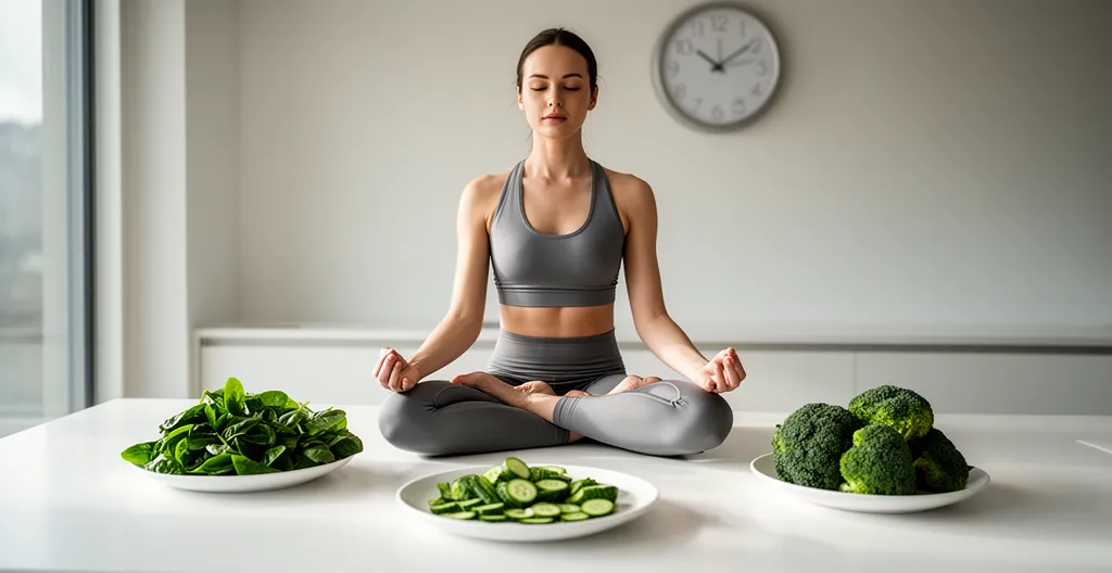Personne en méditation zen face à des légumes verts et une horloge symbolisant le contrôle de l'appétit