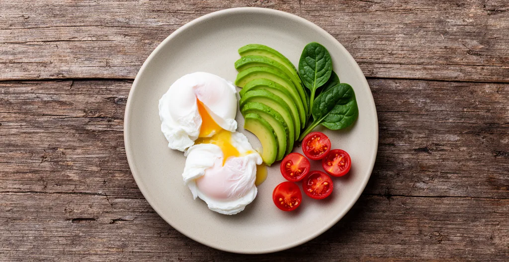 Vue aérienne d'un petit-déjeuner équilibré avec œufs, avocat et légumes verts sur une table en bois naturel