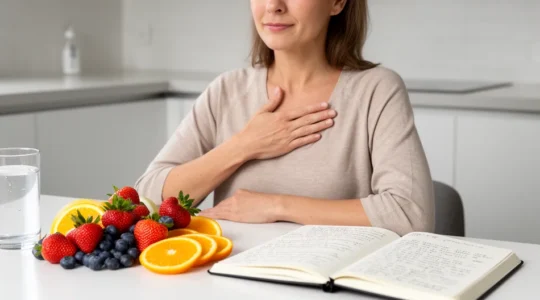 Personne en pleine conscience avec des aliments sains et un journal émotionnel sur la table