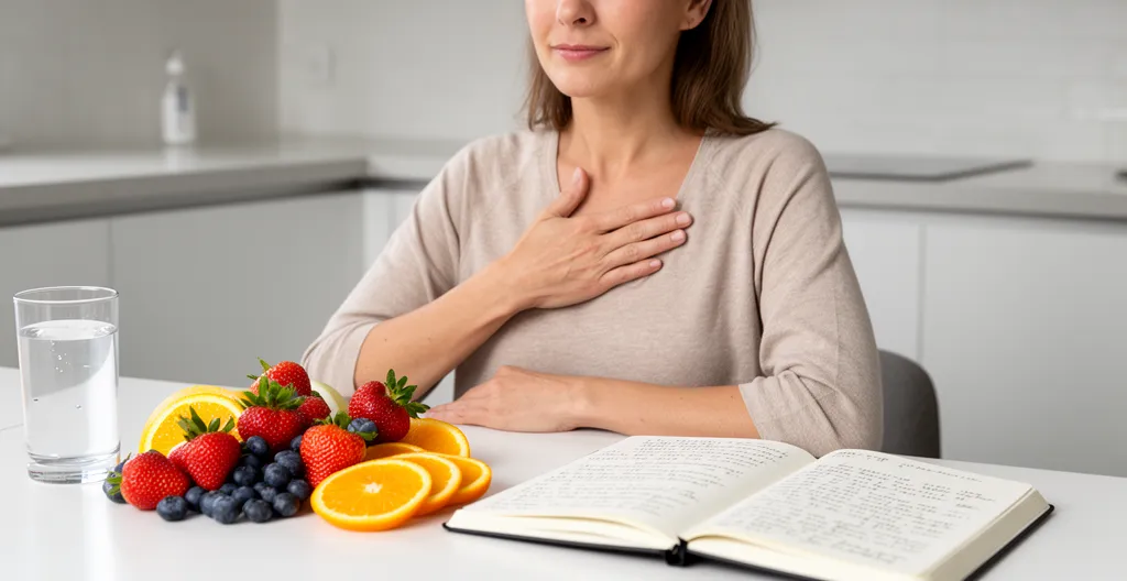 Personne en pleine conscience avec des aliments sains et un journal émotionnel sur la table