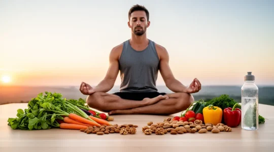 Homme athlétique méditant en position lotus au lever du soleil dans un environnement naturel, symbolisant l'équilibre hormonal