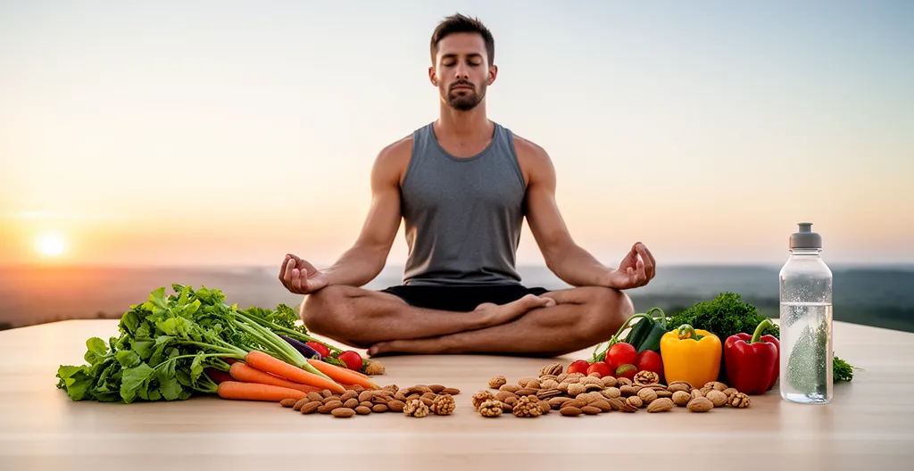 Homme athlétique méditant en position lotus au lever du soleil dans un environnement naturel, symbolisant l'équilibre hormonal