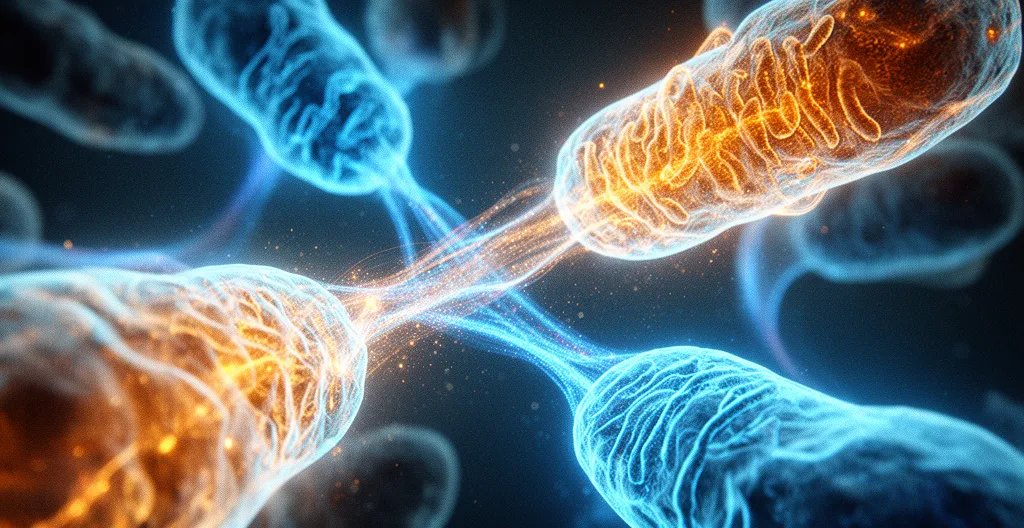Vue microscopique des mitochondries produisant de l'énergie cellulaire dans un environnement biologique vibrant