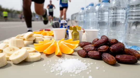 Ravitaillement sportif pendant un effort d'endurance avec aliments naturels et boissons énergétiques