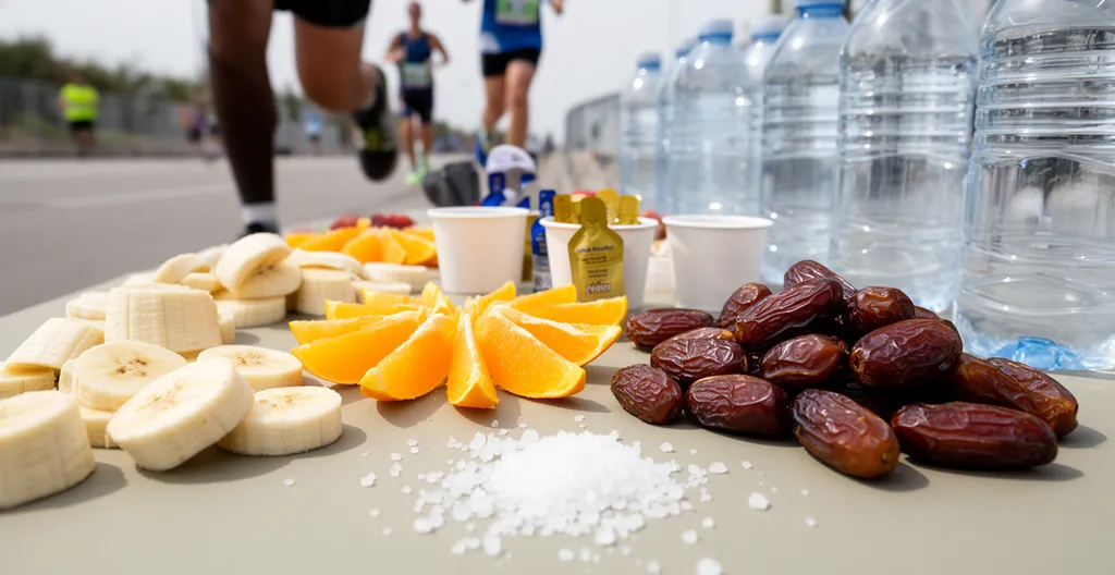 Ravitaillement sportif pendant un effort d'endurance avec aliments naturels et boissons énergétiques