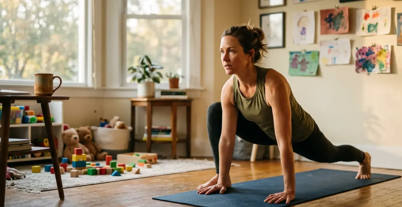 Parent faisant du sport à la maison avec enfants jouant en arrière-plan