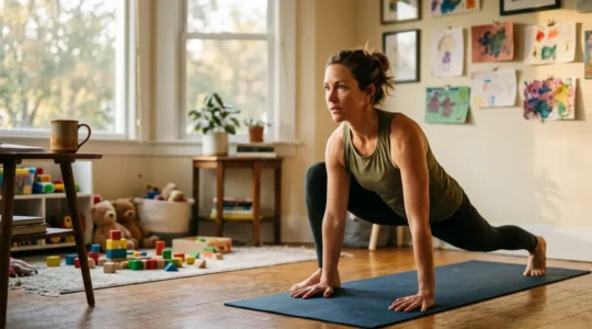 Parent faisant du sport à la maison avec enfants jouant en arrière-plan