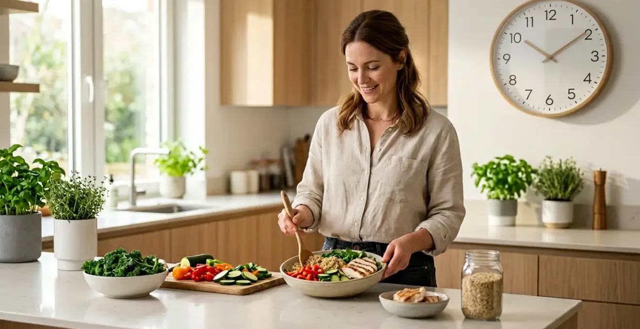 Personne épanouie en cuisine avec aliments équilibrés et horloge murale suggérant les cycles temporels du régime