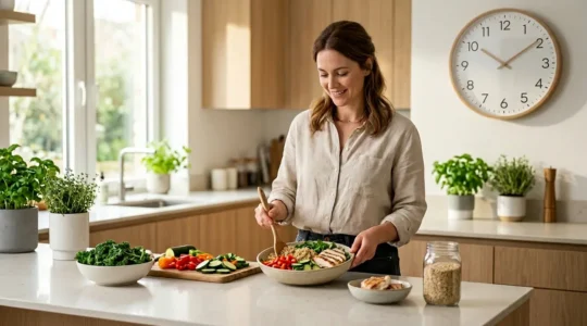 Personne épanouie en cuisine avec aliments équilibrés et horloge murale suggérant les cycles temporels du régime