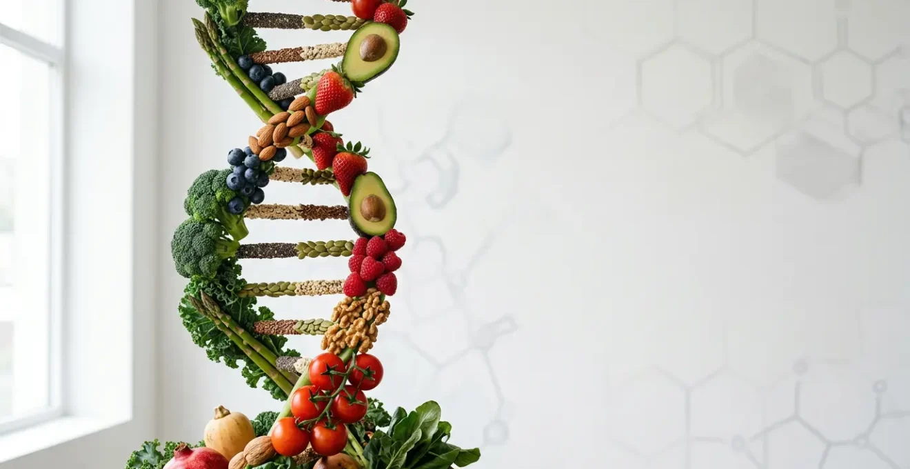 Visualisation conceptuelle d'un profil génétique influençant les choix alimentaires avec ADN, fruits et légumes en arrière-plan